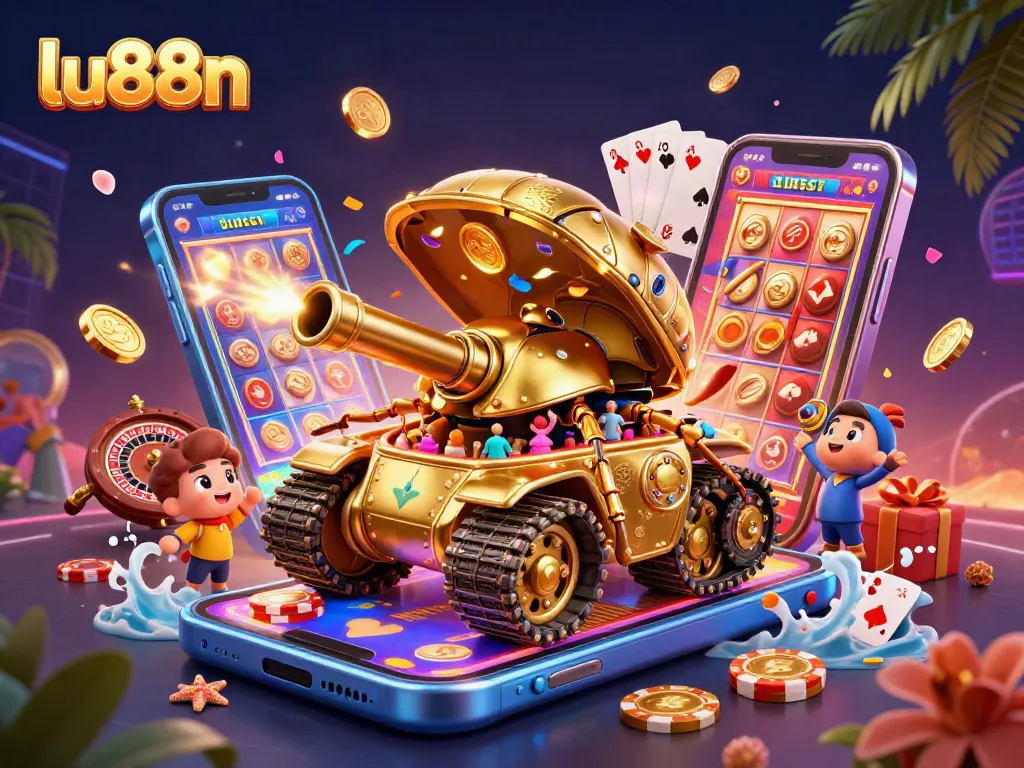 Engage with the lu88n casino experience through dynamic games and vibrant elements in this illustration.