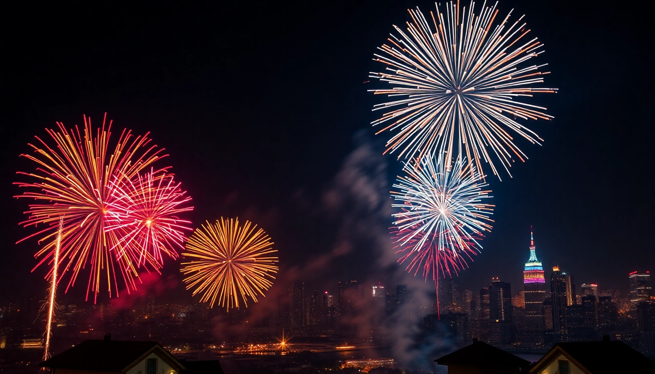 Watch wholesale fireworks illuminate the night sky over a vibrant city skyline.