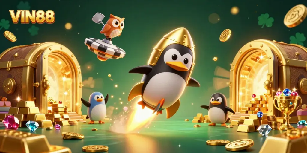 Join VIN88 for thrilling casino adventures with a golden penguin and treasure-filled space!