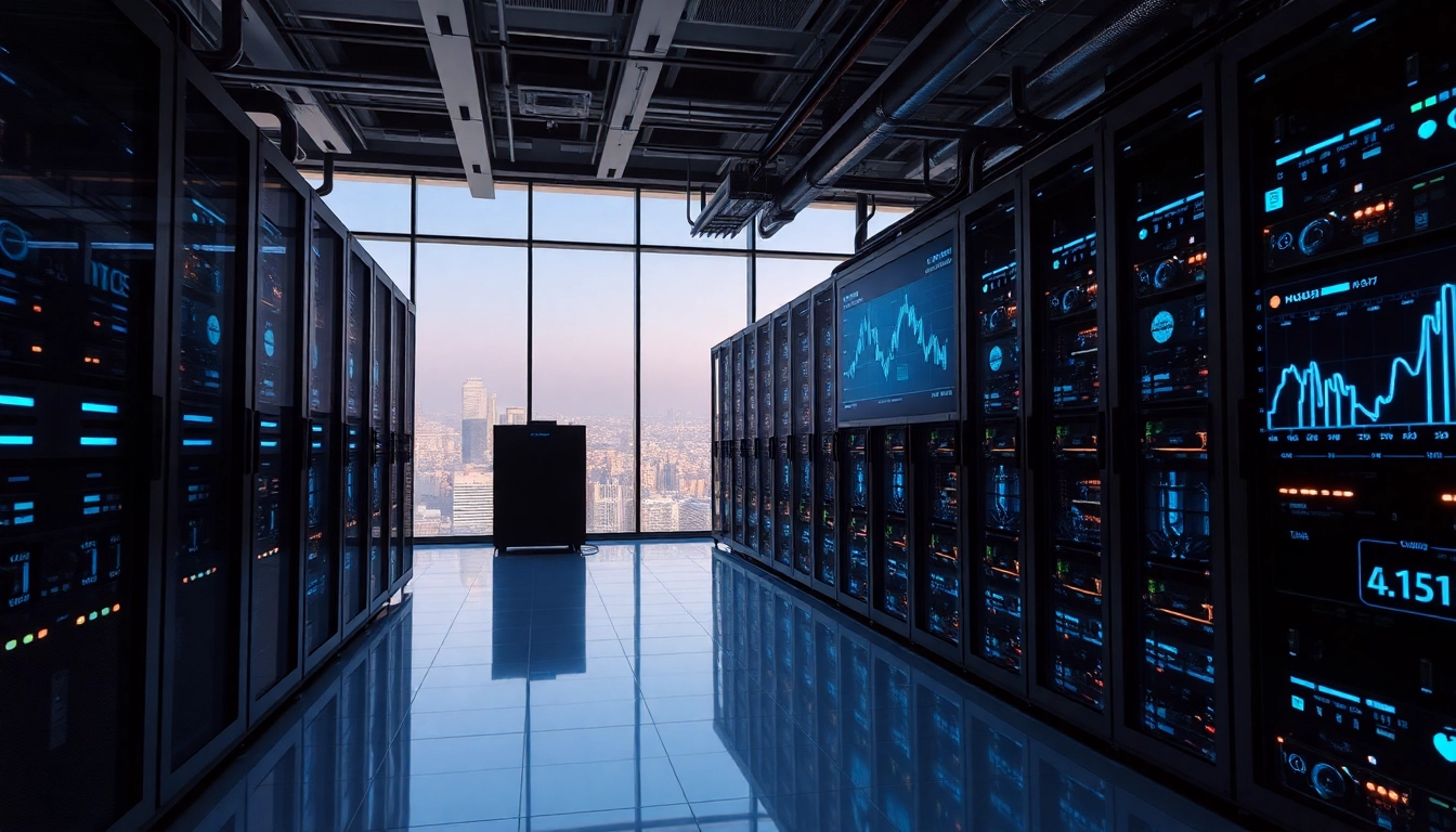 Top cloud mining technology represented in a sleek, modern data center with illuminated mining rigs.