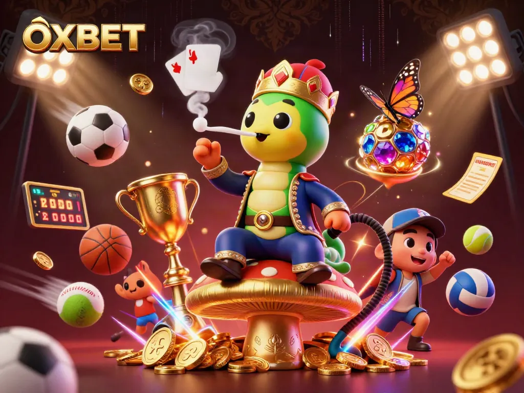 Experience thrilling bets with OXBET in a vibrant 3D casino scene filled with sports and gaming excitement.