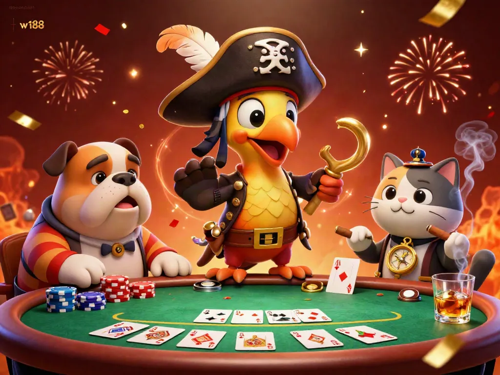 Experience thrilling poker action at w188 with vibrant characters and colorful game elements.