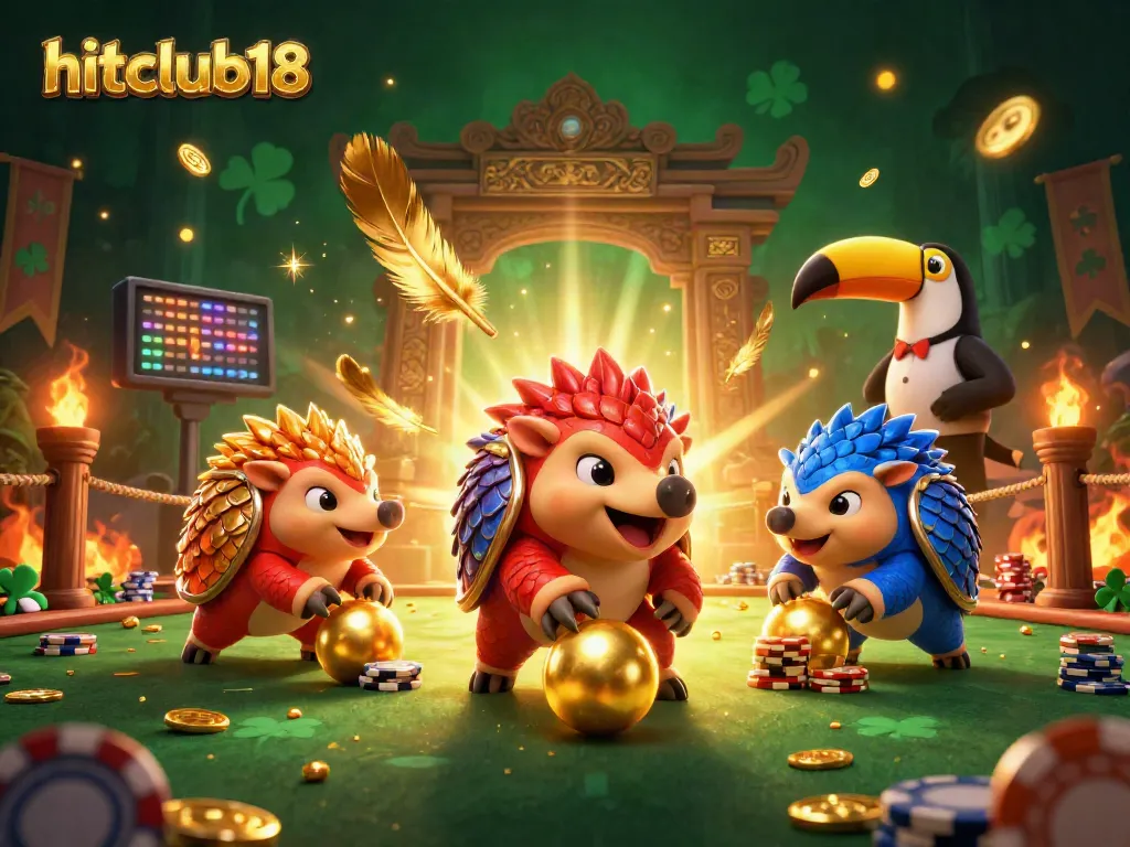 Hitclub18 pangolins compete in a dynamic casino-themed 3D bowling showdown with poker chips.