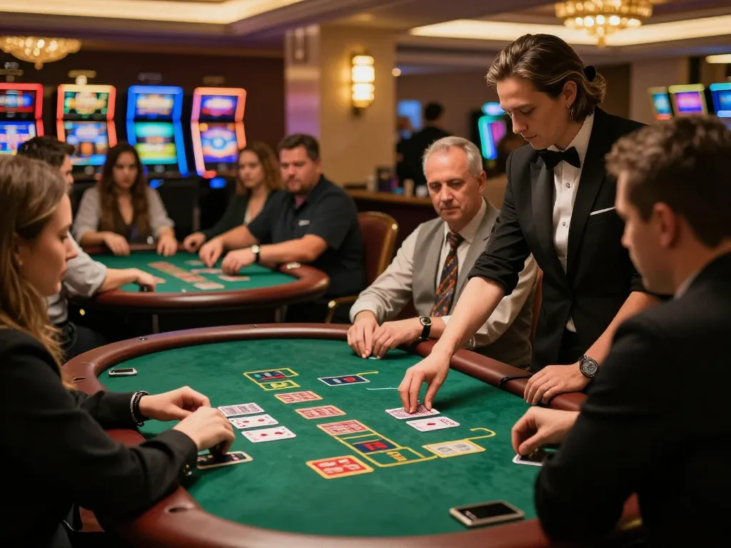 Players enjoying blackjack at TG88 casino tables amid vibrant lights and a luxurious atmosphere