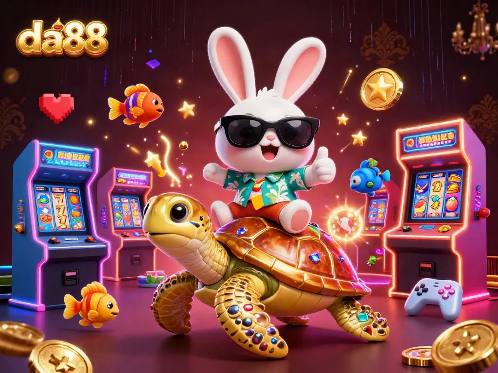Engage in thrilling gameplay on da88 with a lucky rabbit and a golden turtle in a vibrant 3D casino world.