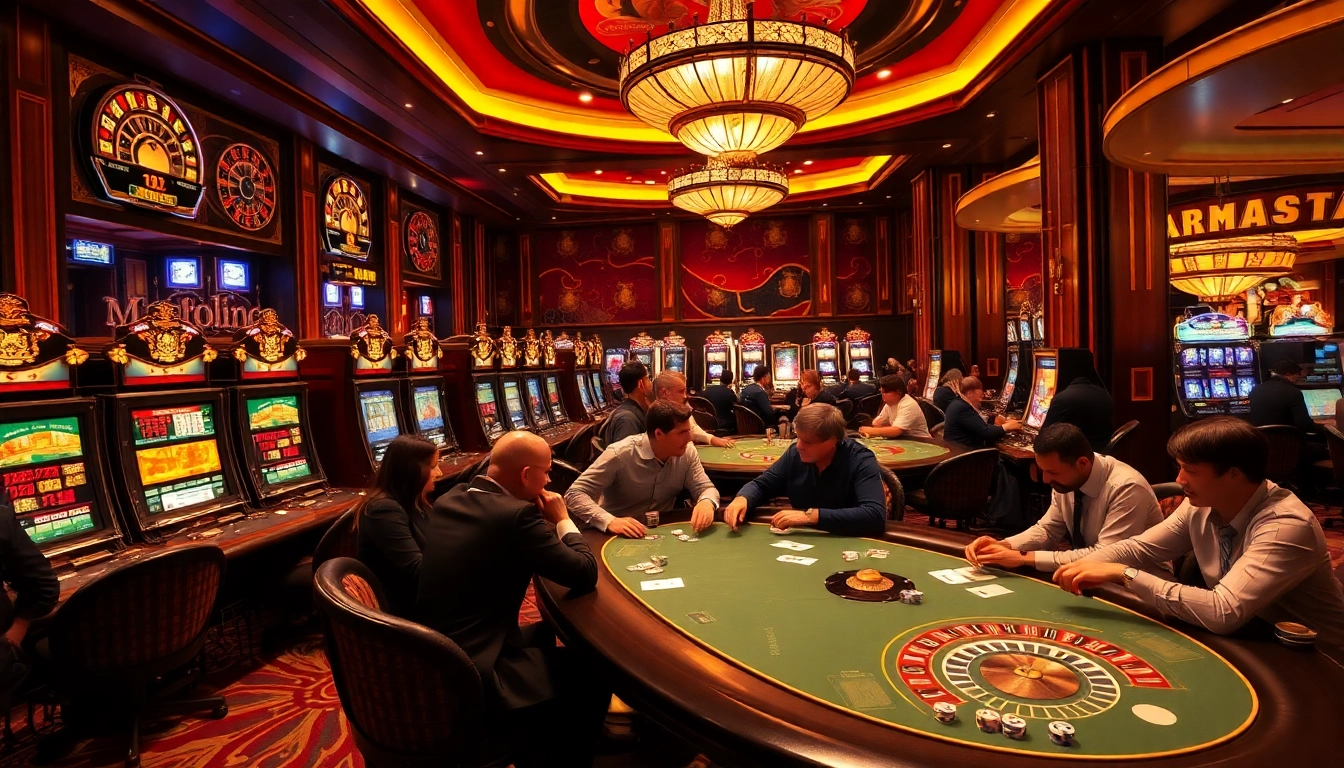 Players enjoying poker and slot machines at https://tg88a.baby/ casino, showcasing excitement and luxury.