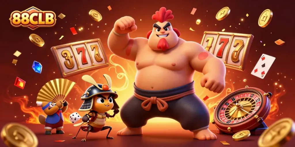 Experience thrill-seeking action with 88CLB's vibrant casino illustration featuring engaging characters and dynamic game elements.