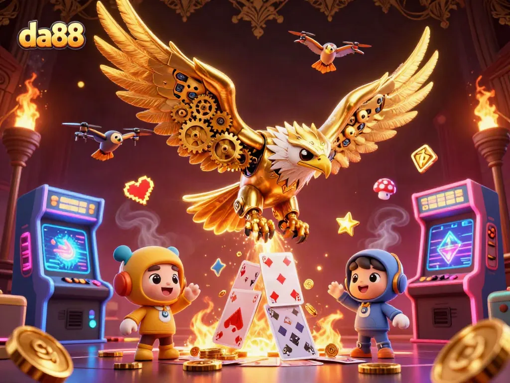 Experience thrilling gaming at da88 with a vibrant scene featuring a cybernetic eagle amidst cascading playing cards and arcade elements.