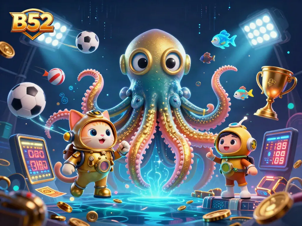 B52 online casino illustration showcasing thrilling gaming experiences with a colossal kraken and dynamic sports elements.