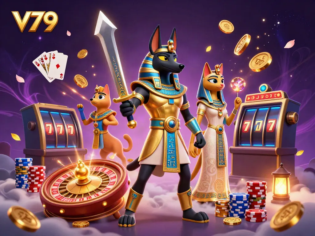 Experience thrilling gameplay at V79 with Anubis and Bastet amid shimmering riches.