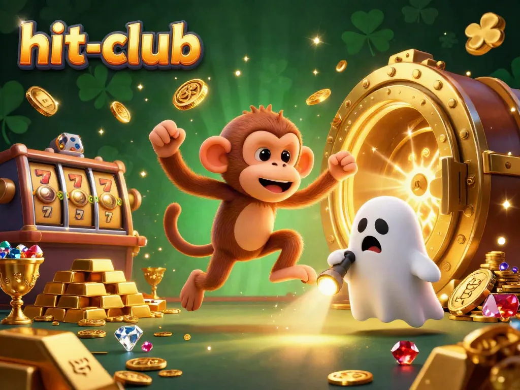 Join the excitement at hit-club, with a mischievous monkey juggling treasures in a lively casino atmosphere.