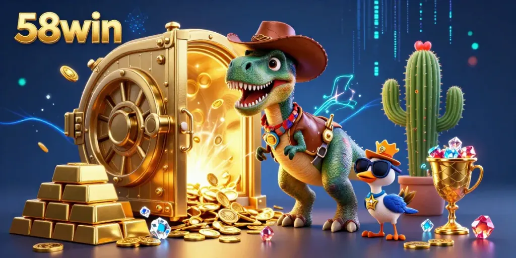 Experience thrilling fun at 58win with cartoon dinosaur characters surrounded by treasure and gaming elements.