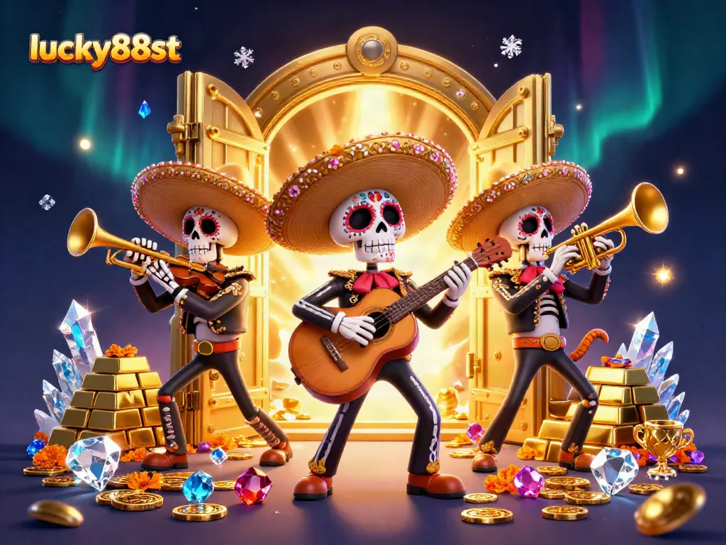 Experience the vibrant luck at lucky88st with a mariachi band amidst treasures in this 3D casino art.