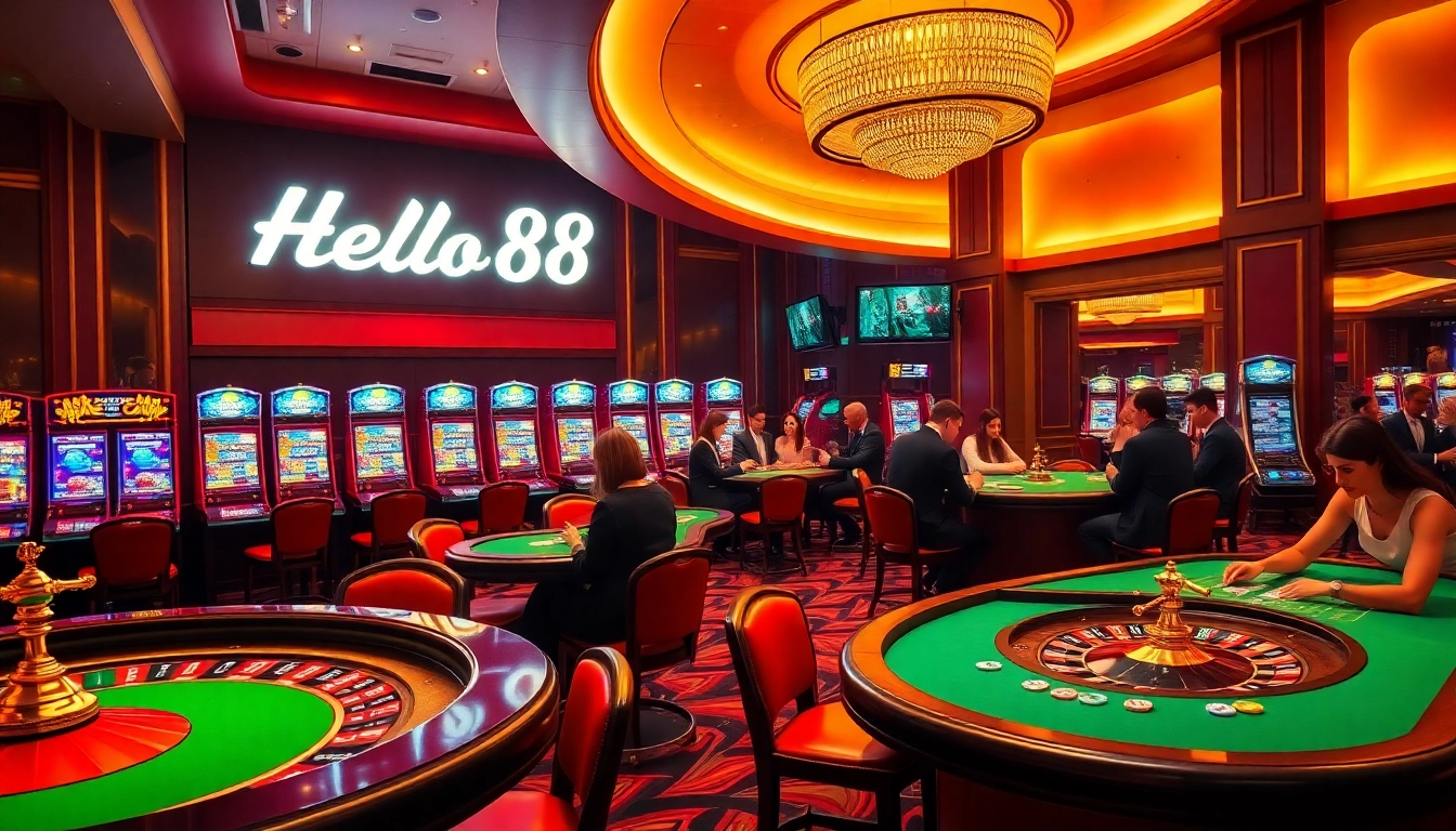 Hello88 casino interior showcasing vibrant slot machines, roulette wheel, and engaged players.