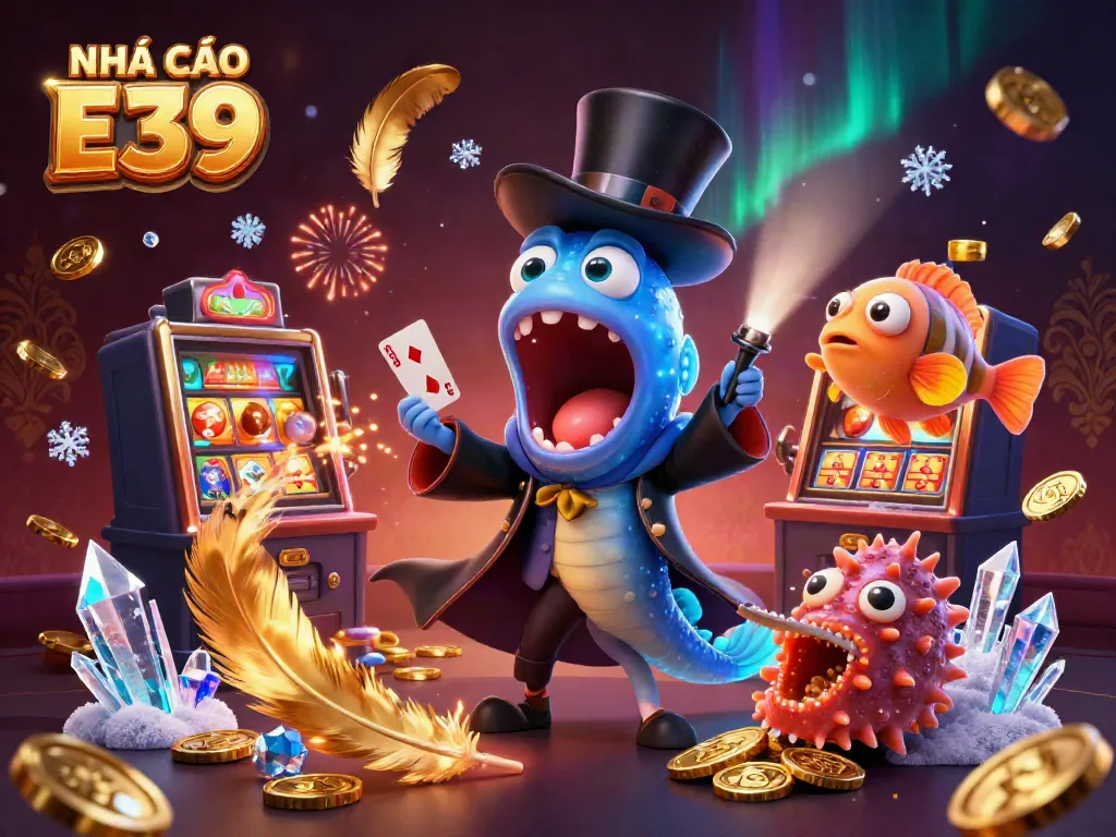 Engaging magic performance by NHÀ CÁI E39 with an eel magician, anglerfish spotlighting, and a sea cucumber magician in a casino setting.