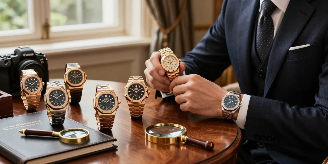 Explore super clone watches in a luxurious setting with elegant timepieces showcased in warm light.
