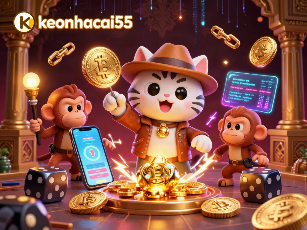 Bet on thrilling discoveries with keonhacai55's expert cat explorer in a golden casino treasure hunt.