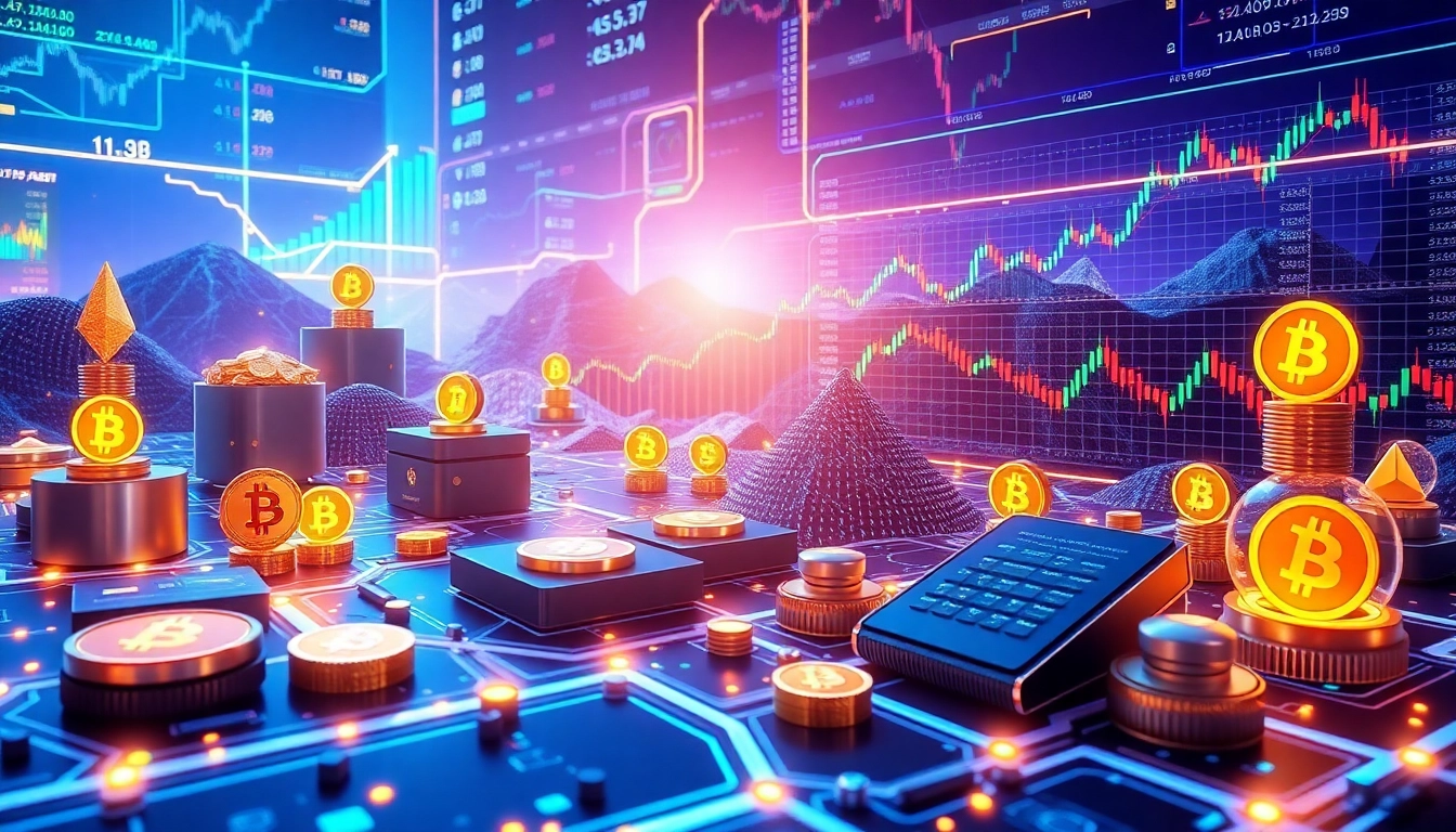 Calculator for crypto trading and portfolio management, featuring blockchain network graphics and digital wallet icons.