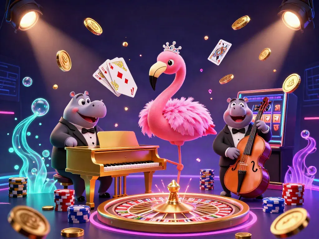 Experience the vibrant energy of au88 casino with an illustration featuring an extravagant flamingo singer and a hippo bassist amidst gambling treasures.