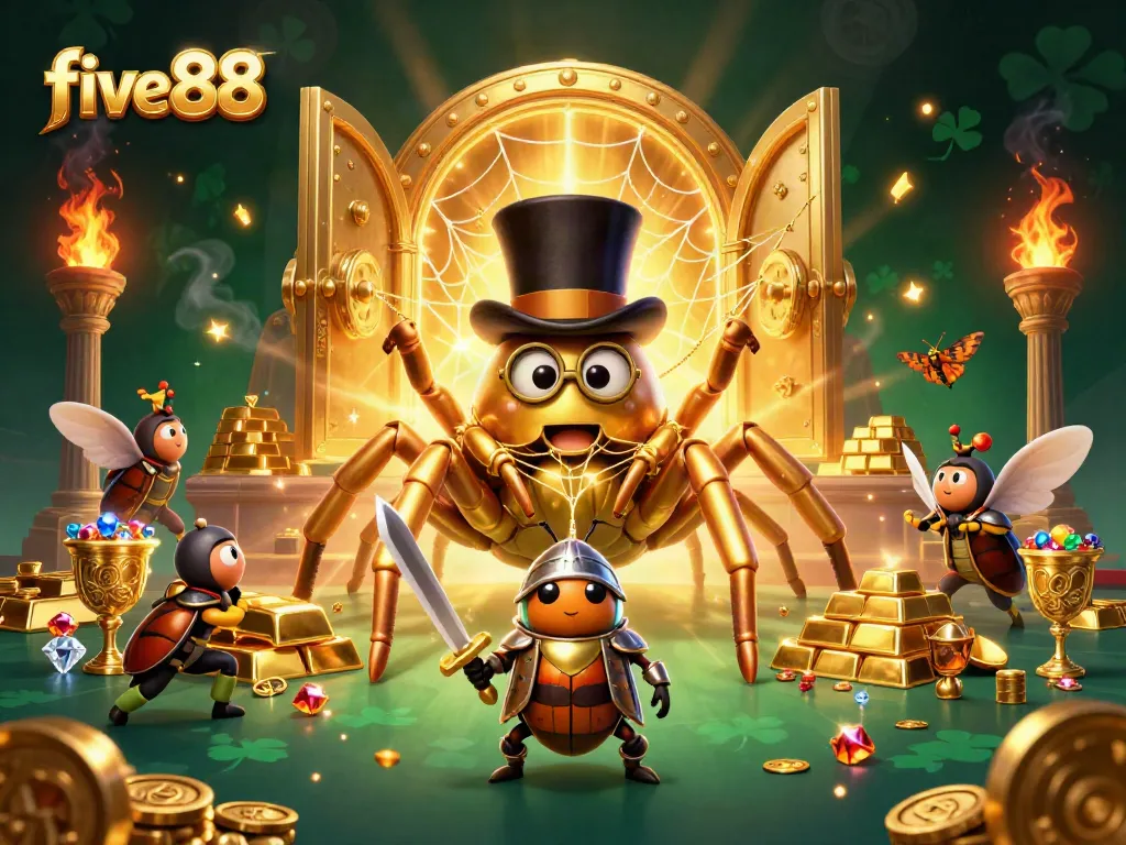 Experience excitement at five88, where a golden tarantula weaves treasures in a casino-themed adventure.