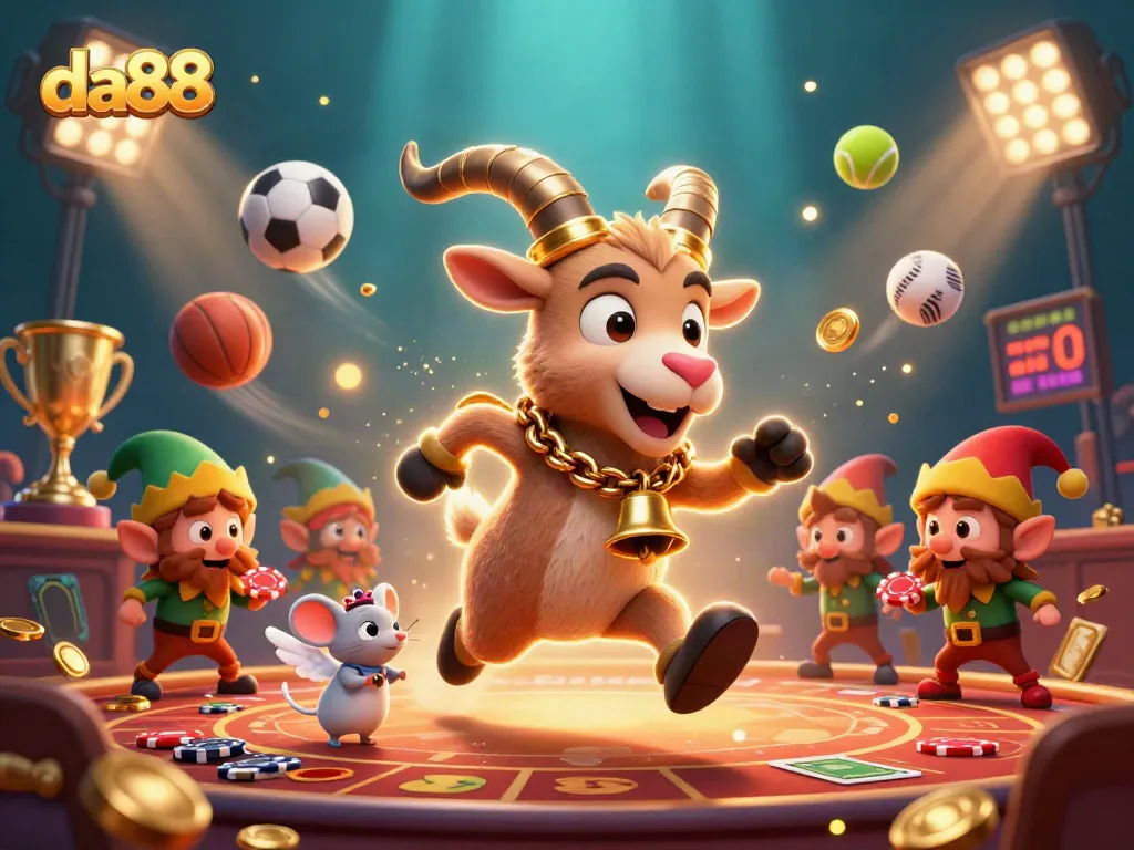 Engage in thrilling gaming at da88 where festive characters animate the online casino experience amidst dynamic sports elements.