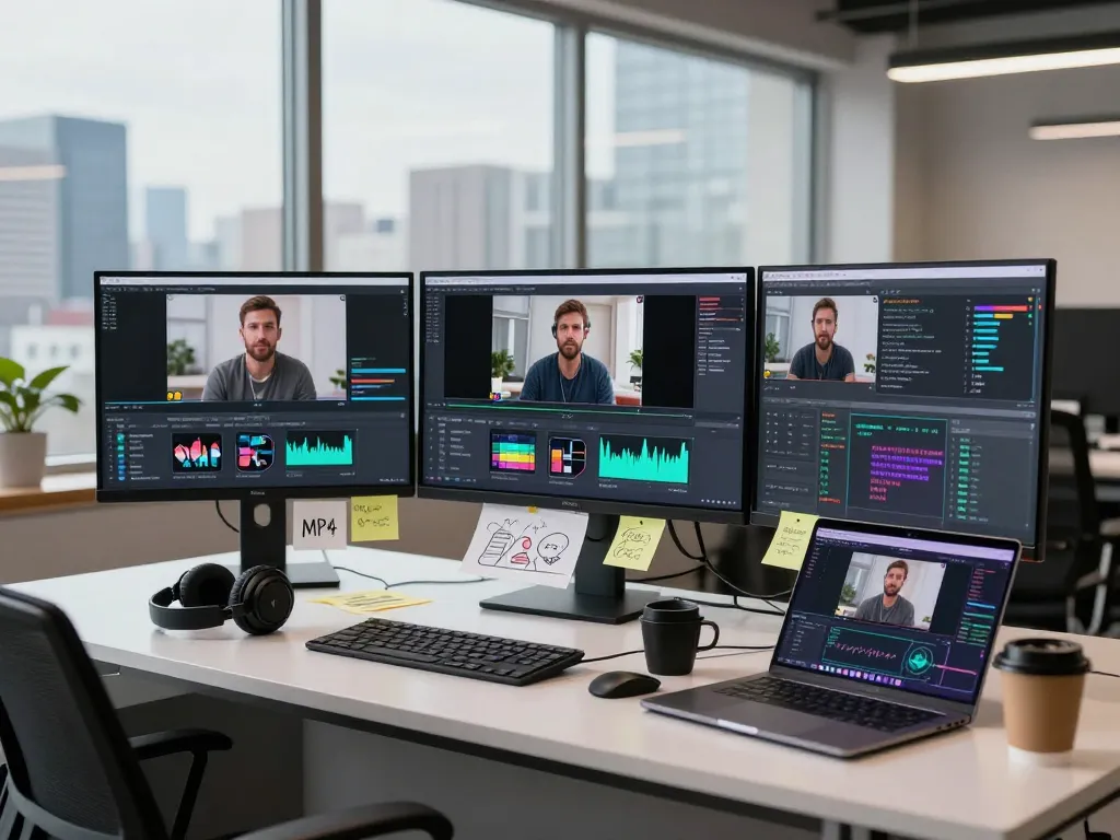Detailed workspace setup showcasing video to prompt analysis with screens and creative tools for video content generation.
