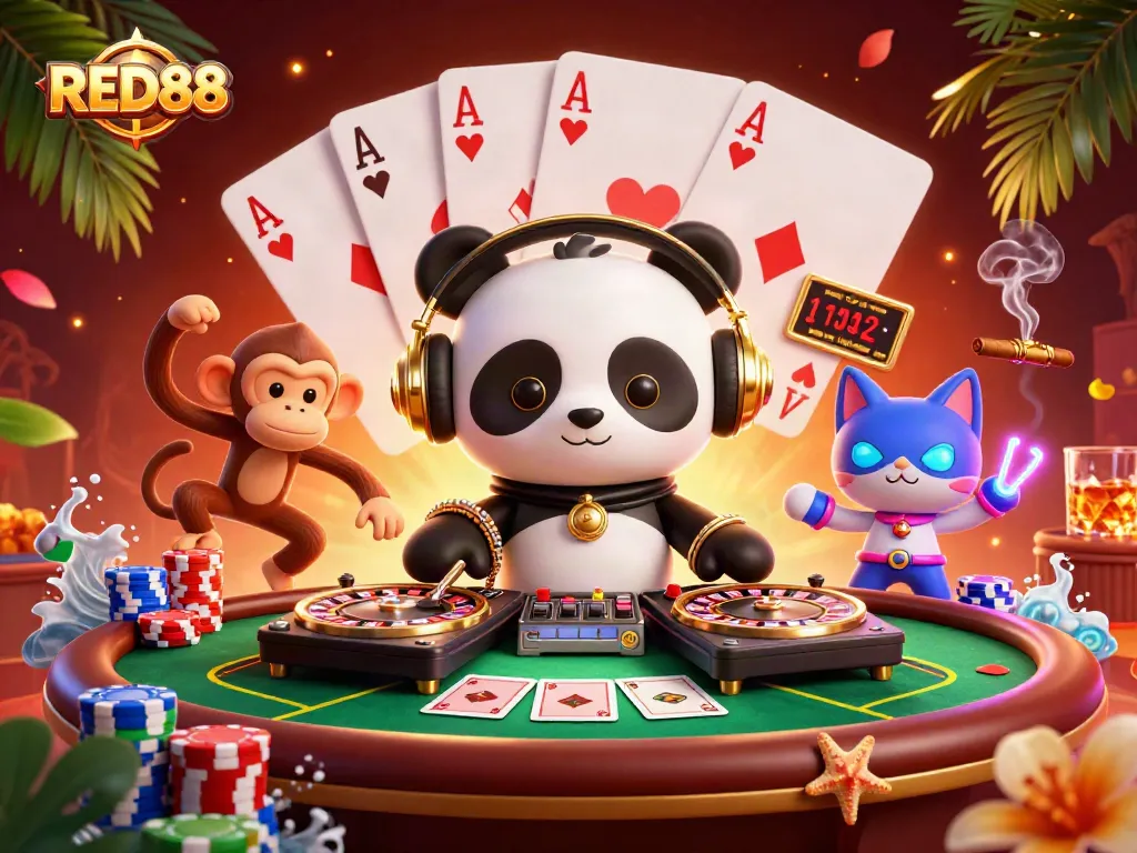 Spin and win at RED88 with vibrant 3D casino scene featuring DJ panda and playful characters.