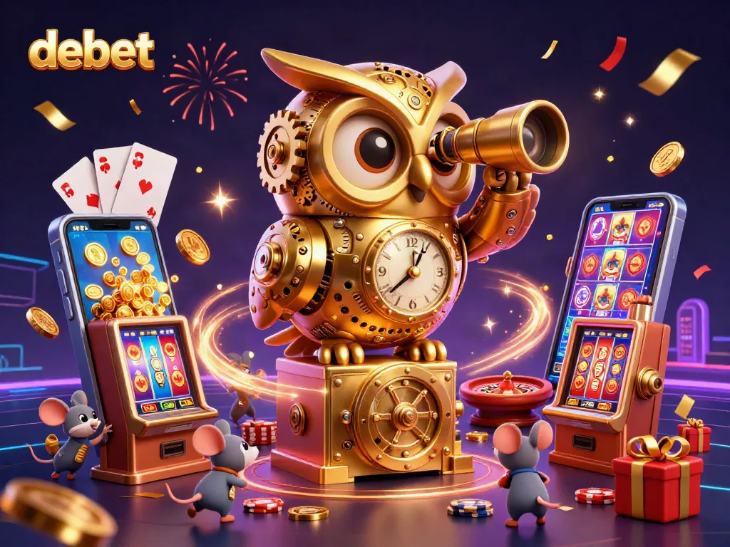 Engage with debet's thrilling casino world featuring a golden owl and whimsical mice amidst vibrant games.