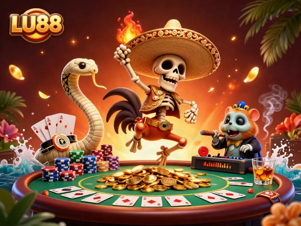 LU88 showcases an exhilarating victory dance scene with vibrant casino elements, highlighting online gaming excitement.