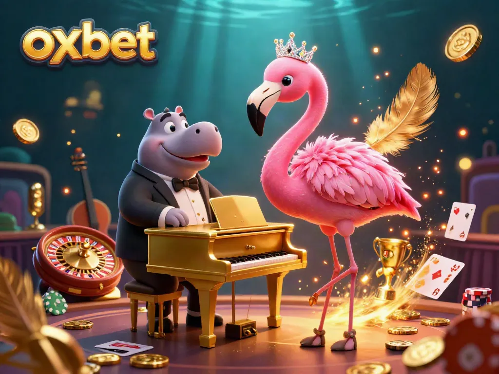Experience live casino excitement with oxbet, featuring a flamingo singer and hippo bassist in a lavish setting.