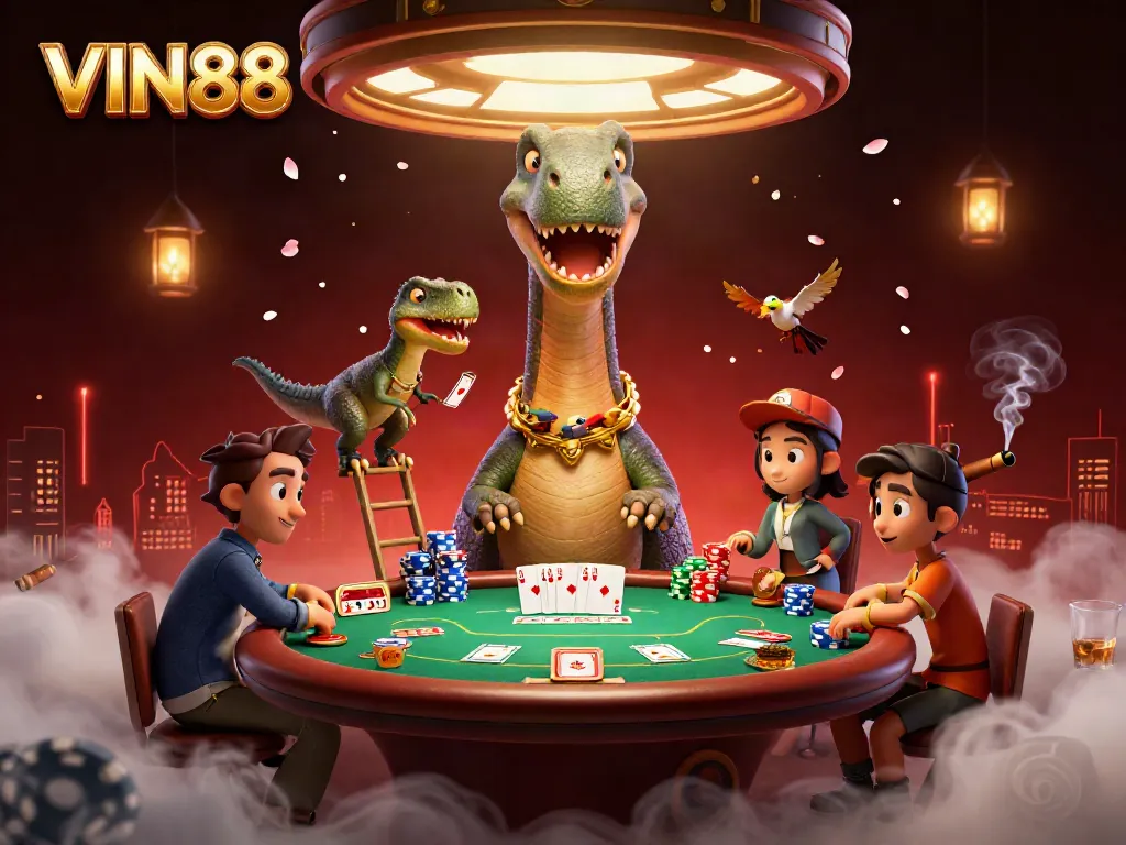 Experience thrilling poker action with VIN88, featuring a giant brontosaurus, clever raptor dealer, and vibrant casino elements.