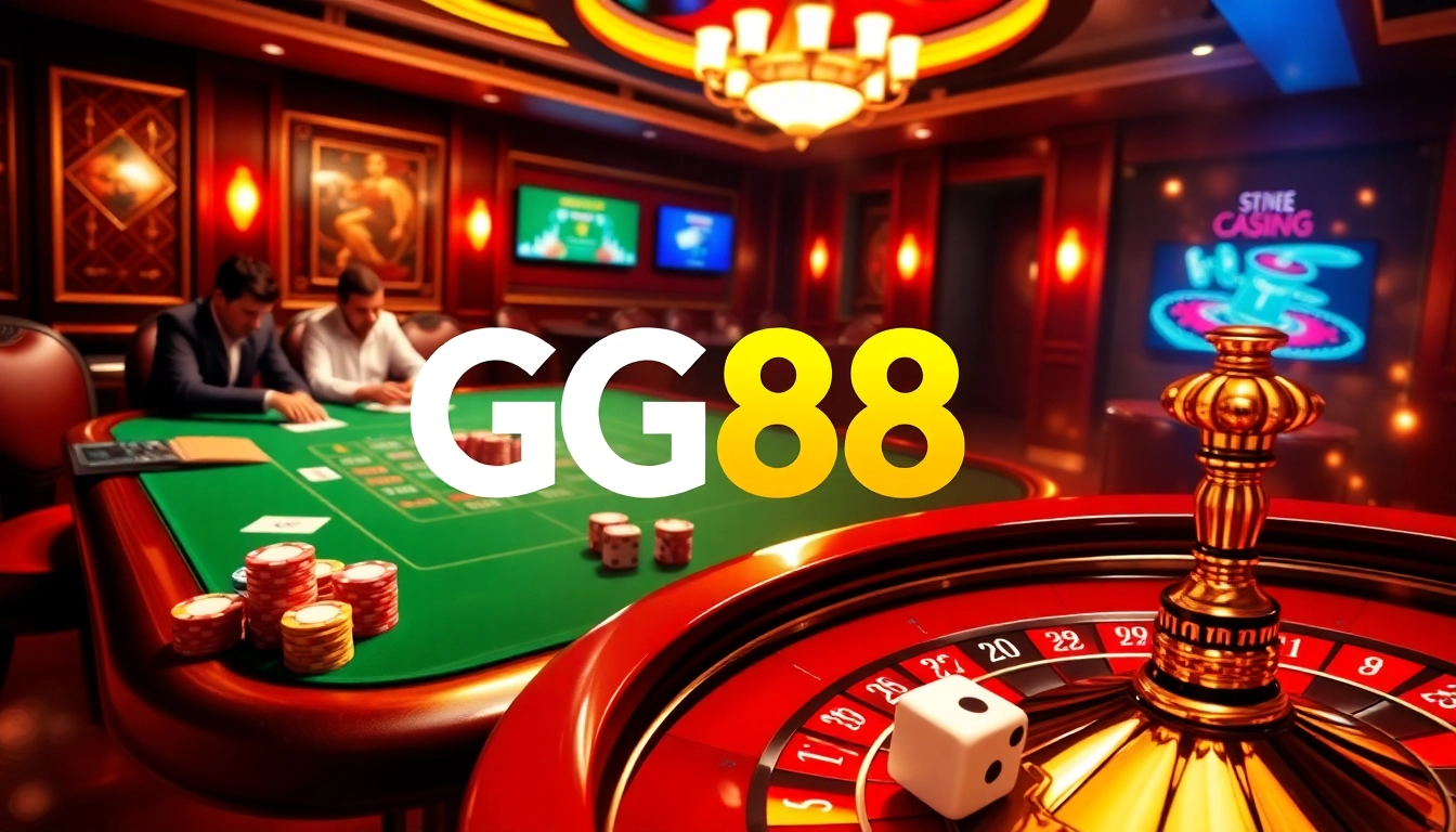 Engaging poker players at a luxurious GG88 casino table with vibrant colors and electric atmosphere.