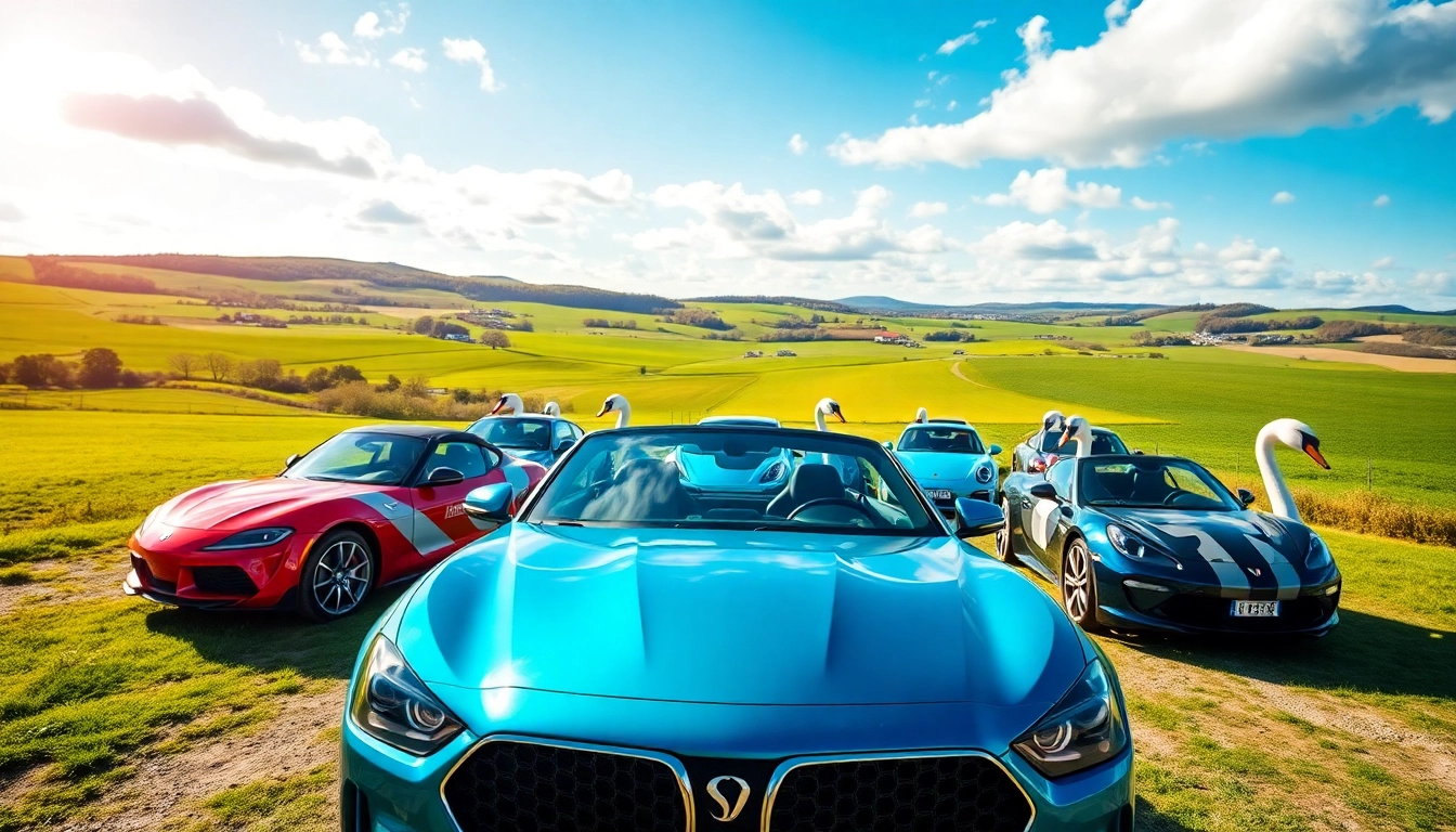 Swan Cars showcased in a beautiful countryside setting under bright sunlight.