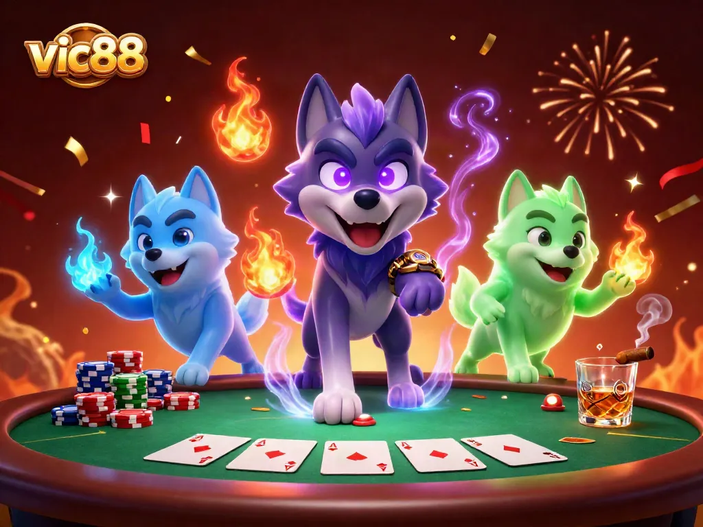 Experience thrilling poker action with vic88's vibrant casino scene featuring energetic wolves and colorful chips.