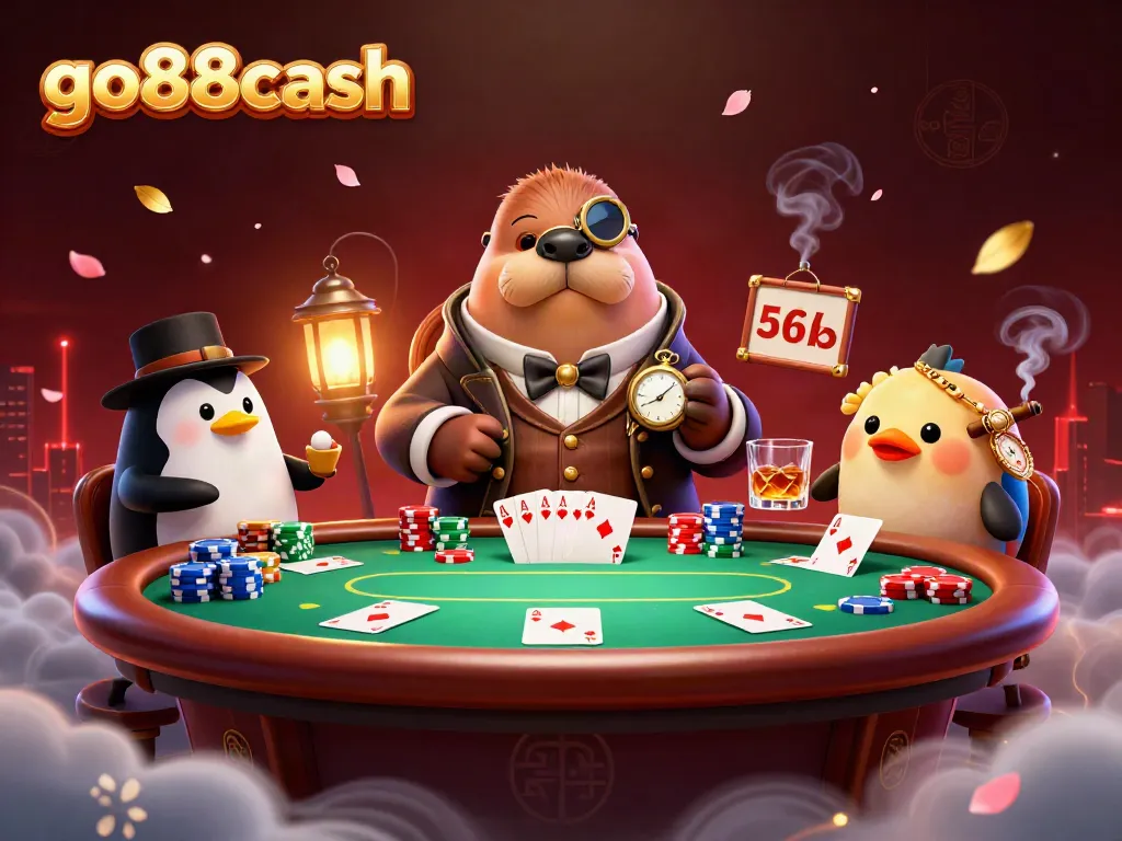 Engaging scene at go88cash underwater casino featuring walrus, penguin dealer, and pufferfish player.
