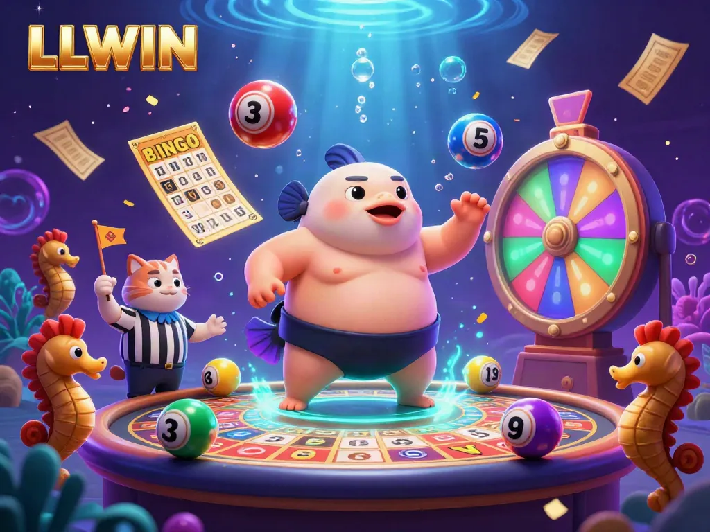 Engage with LLWIN's exciting underwater casino featuring a vibrant fugu, golden bingo card, and lively seahorse audience.