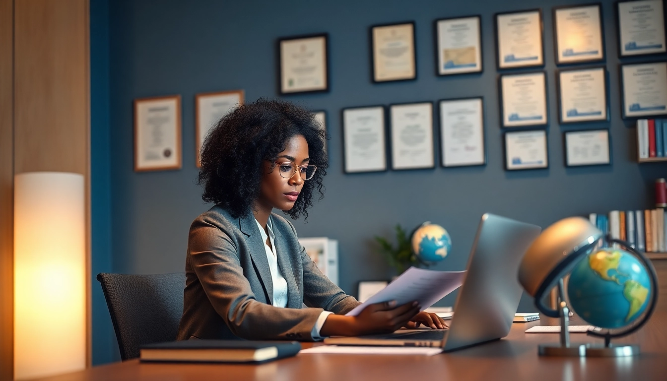 Certified translator working in a modern office with language books and certificates.