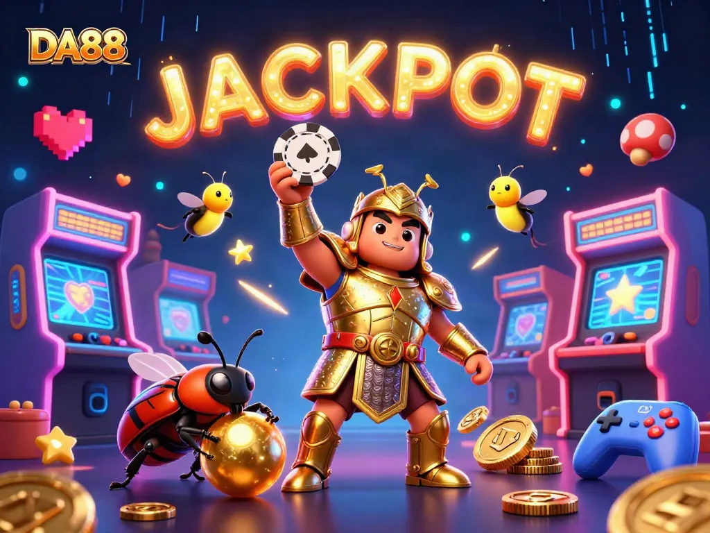 DA88 platform celebrates wins with vibrant illustration of herculean beetle and gaming elements.