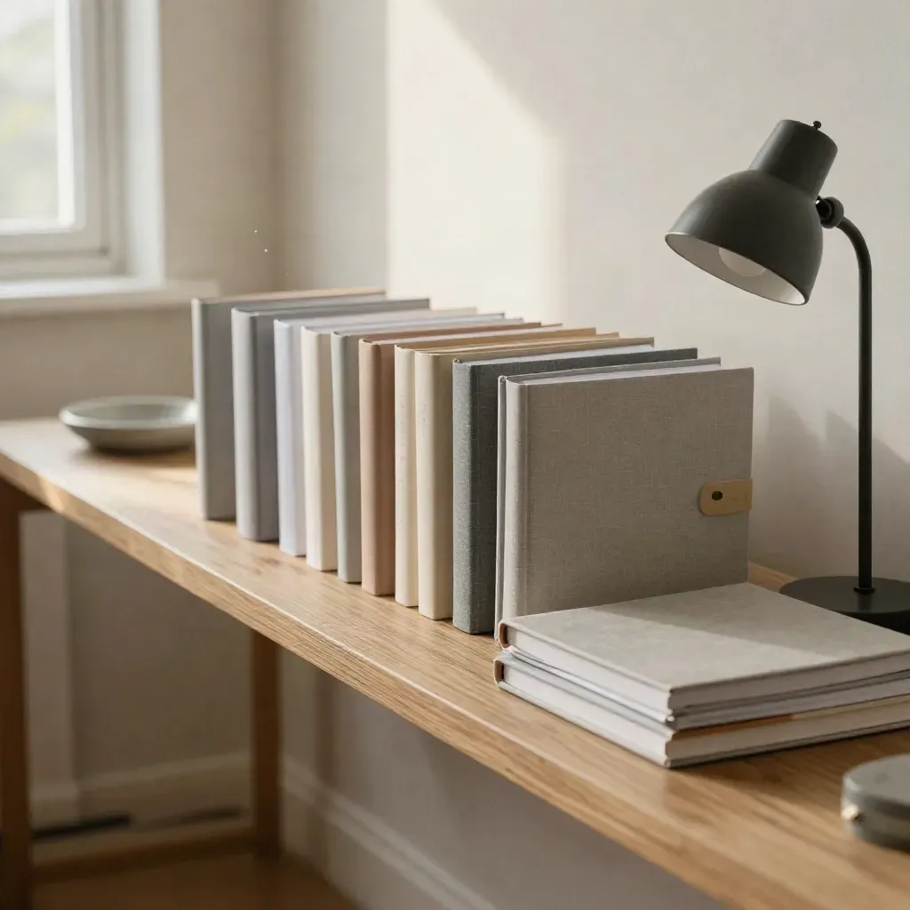Consultation notebooks, folders, stone dish and slim lamp lined up on a shelf