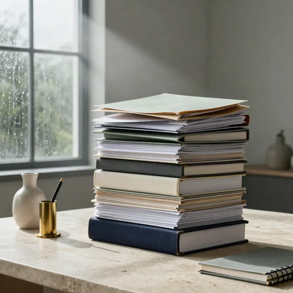 Consultancy folders, brass pen stand, ivory carafe and notebook on a pale stone table