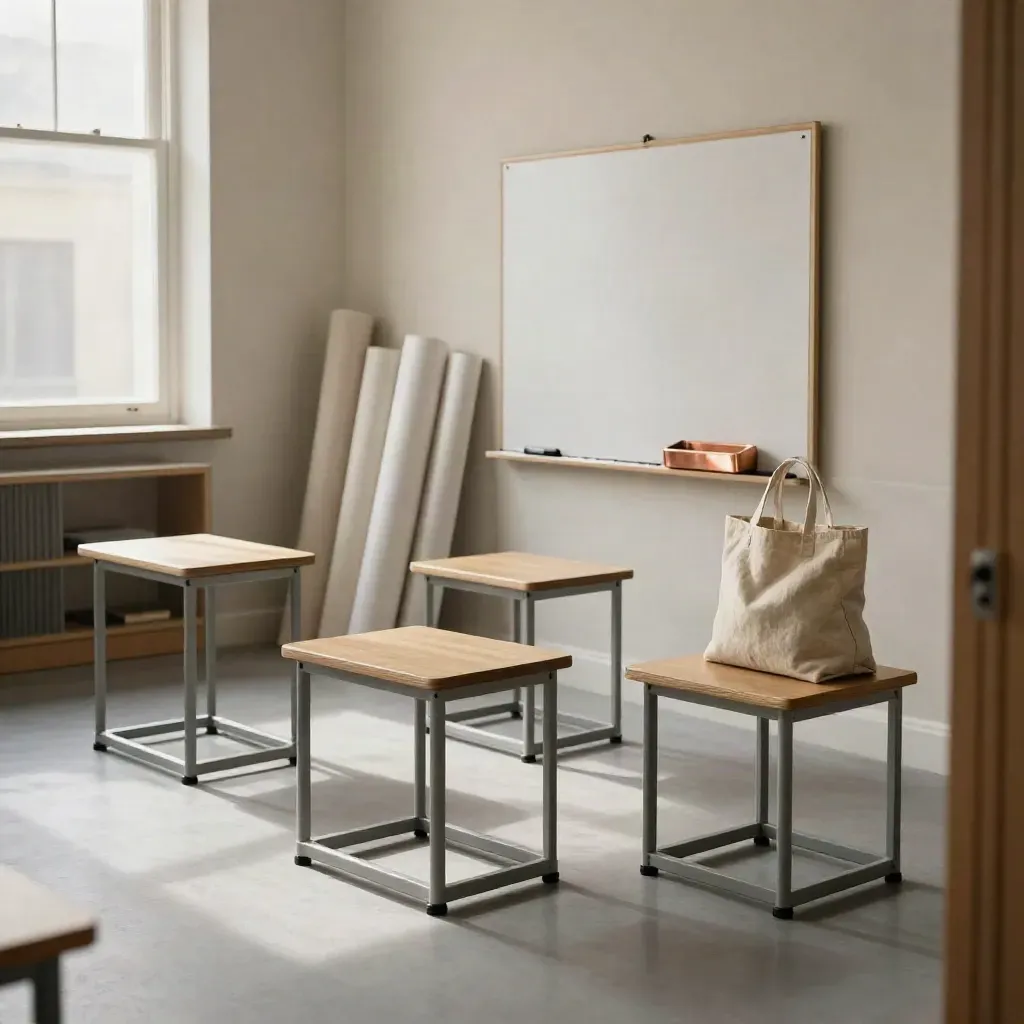 Bright workshop room with stools, pinboard, rolled papers and copper tray