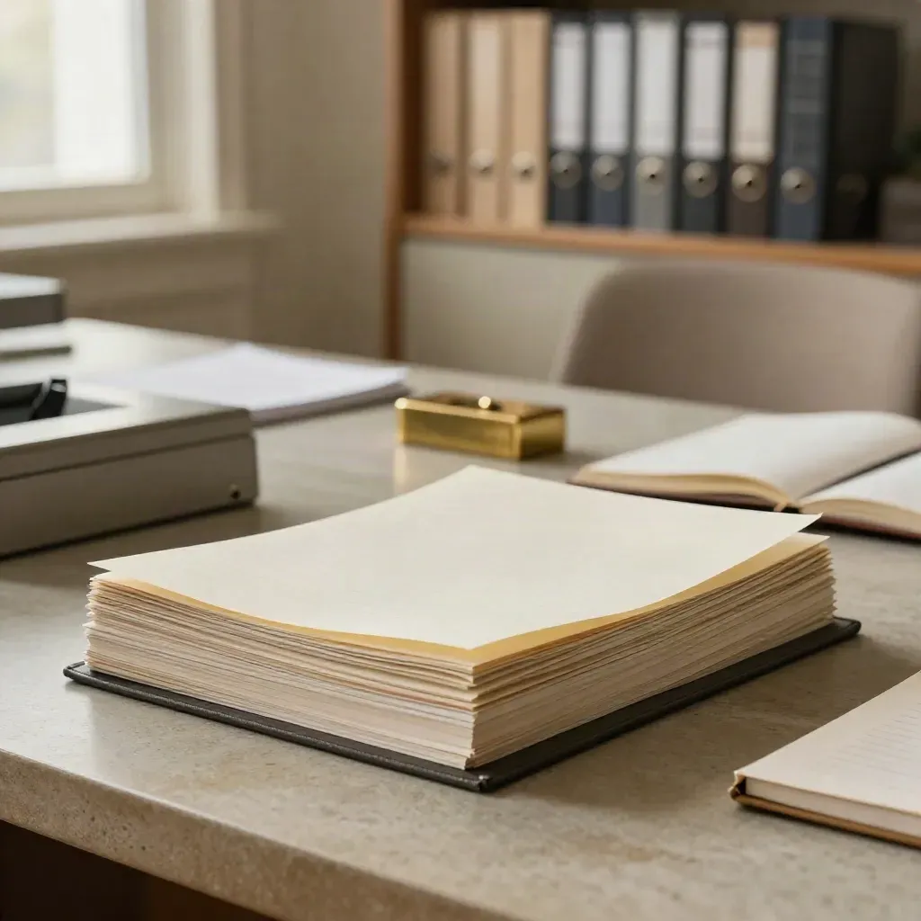 Finished memo bundle, brass paperweight and notebook on a pale consultancy table in soft daylight.