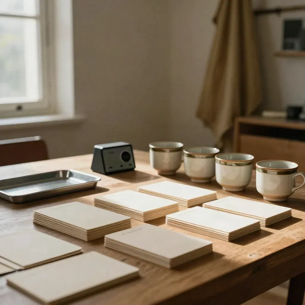 Ivory workshop cards, timer, marker tray and ceramic cups on a sunlit oak table by an open window.