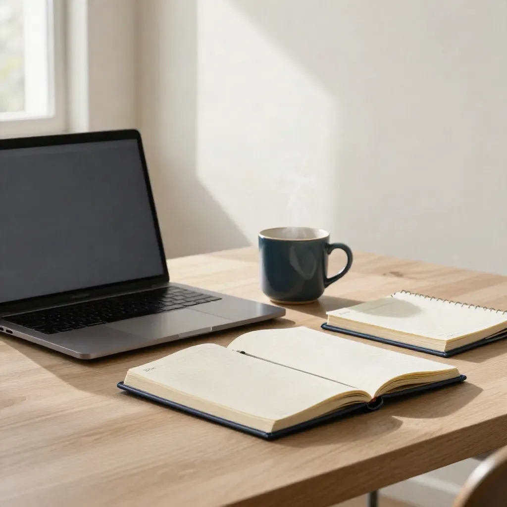 Steaming tea beside a closed laptop, lined notebook and planner stack on a pale desk.
