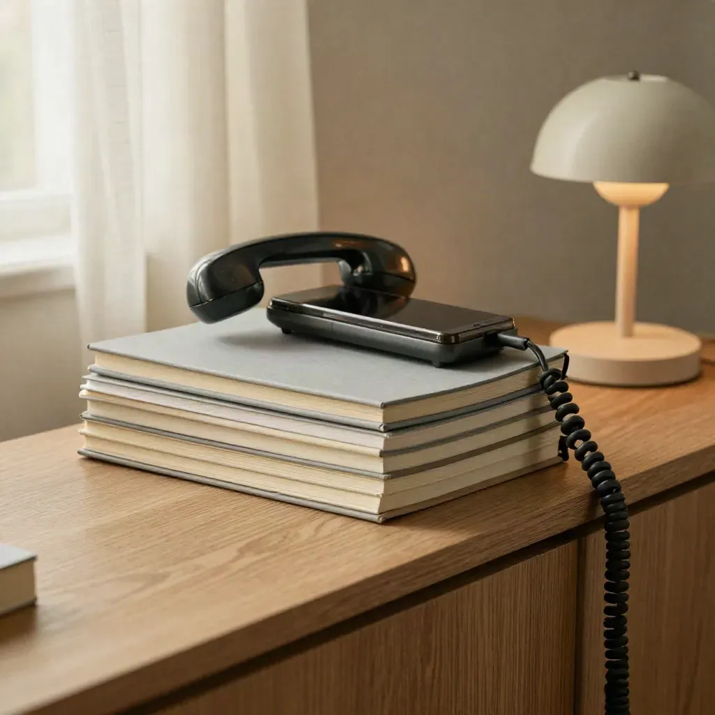 Low sideboard still life with notebooks, phone dock, folder bands and a small lamp in soft light.