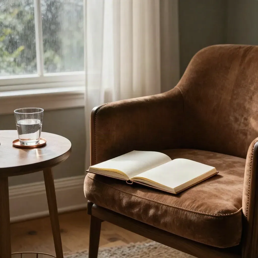 Quiet consultation nook with armchair, side table, open notebook and water glass in soft morning light