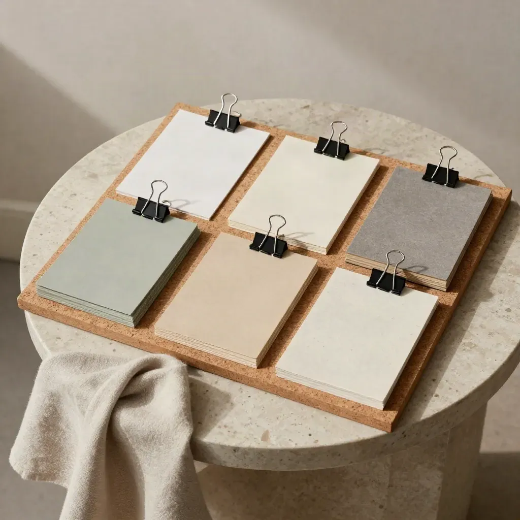 Travertine side table with project pinboard, blank cards, binder clips, swatches and a folded linen cloth.