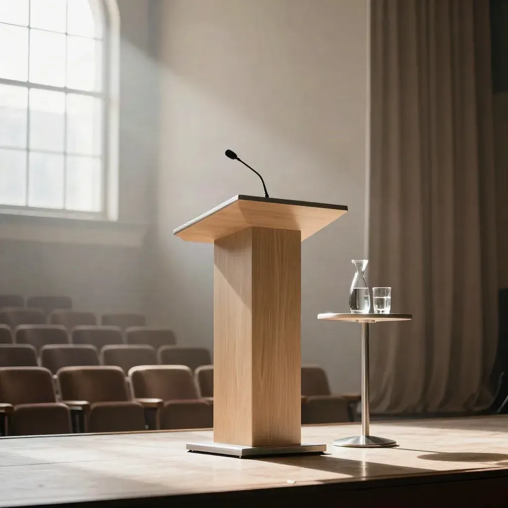 Empty lectern and water table on a hazy stage, shot low from the front row.
