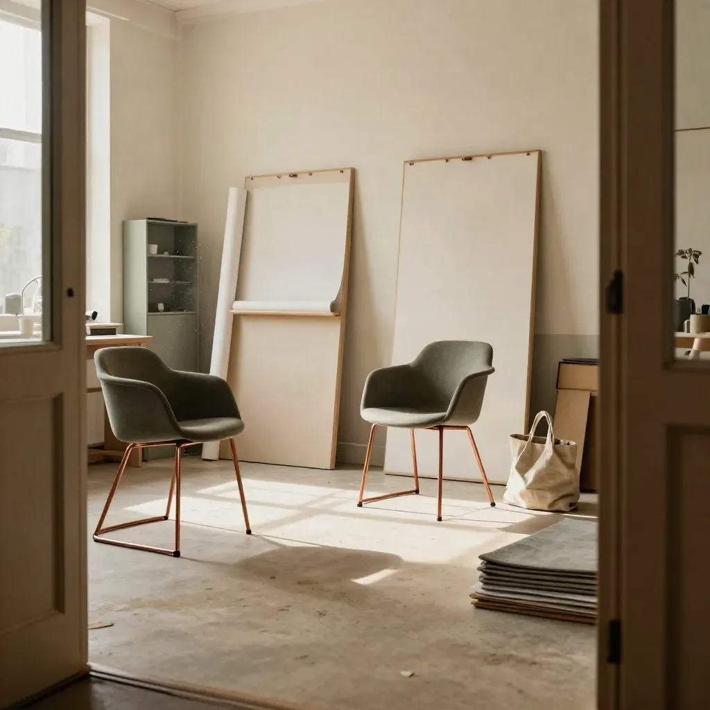Workshop studio reset with chairs, pinboards, rolled paper and a linen tote in warm daylight.