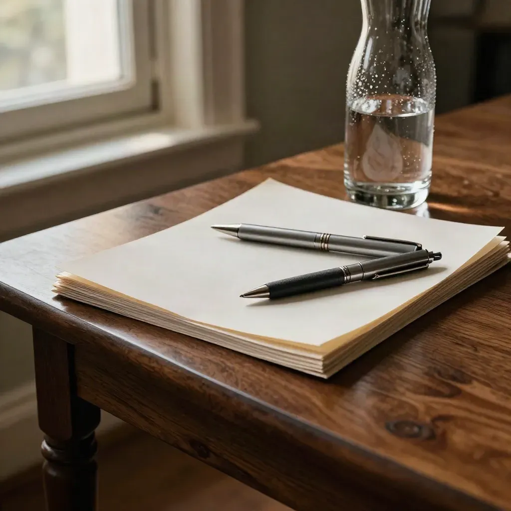 Walnut boardroom side table with papers, carafe and two pens in warm light.